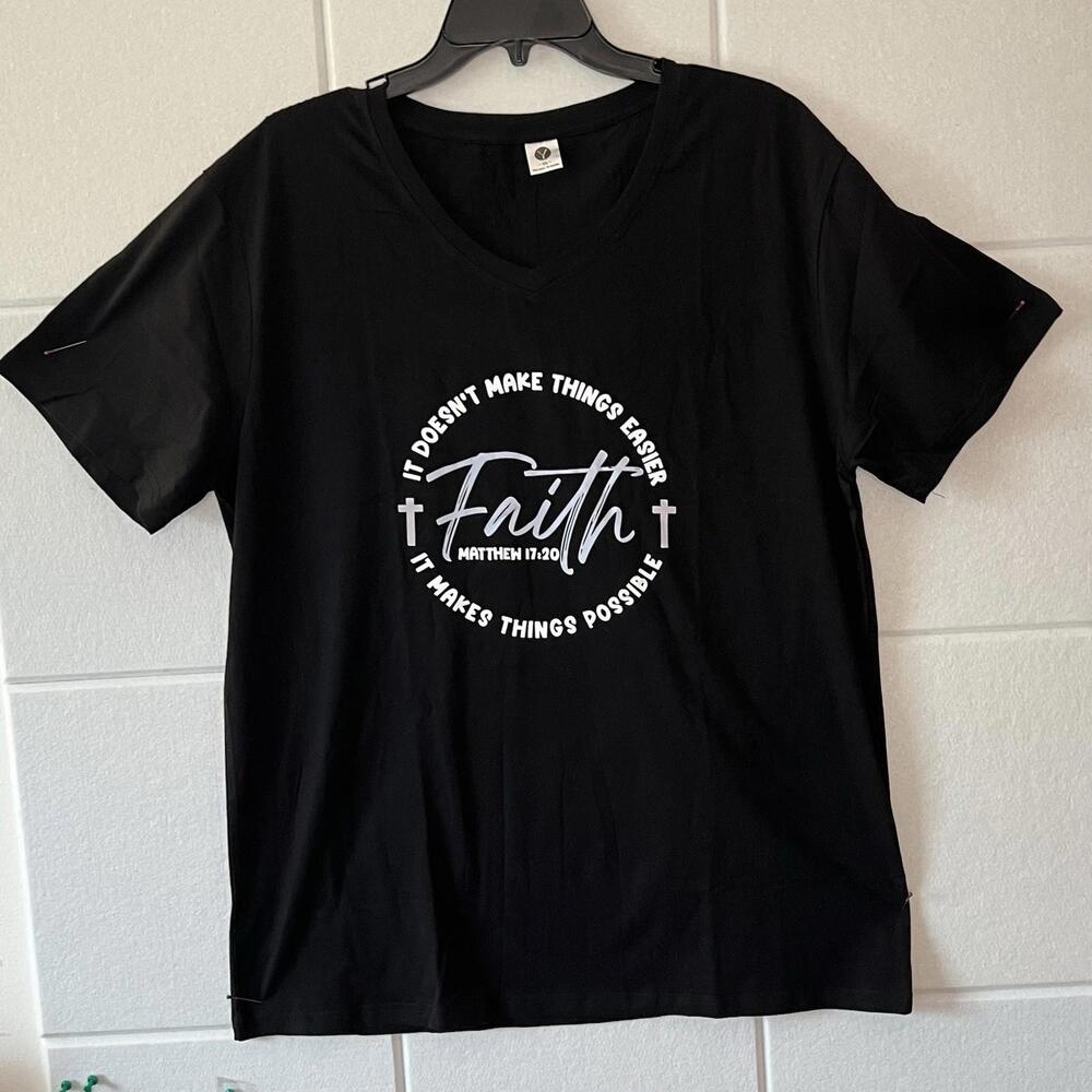NEW  Women’s Printed Tee Christianity Faith Makes It Possible Size 2x XXL Black